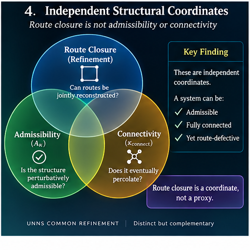 Three overlapping circles representing route closure, perturbative admissibility, and percolative connectivity, illustrating that a system can be admissible and fully connected while still remaining route-defective.