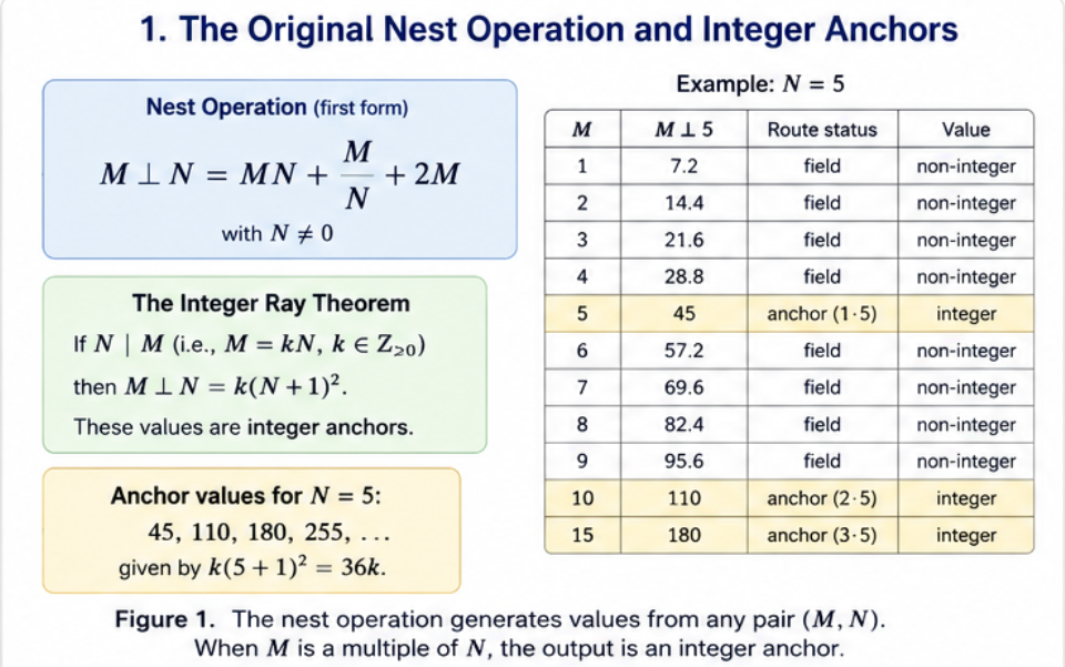 Academic diagram showing the UNNS nest operation formula, the Integer Ray Theorem, and an N=5 example table. Anchor values occur at modulus positions M=5, 10, and 15, while intervening positions are field values.