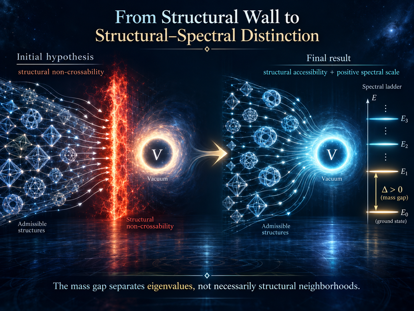 Split scientific visualization contrasting the original Yang–Mills structural-wall hypothesis with the final structural–spectral picture. On the left, admissible structures are blocked from the vacuum by a glowing non-crossability barrier; on the right, structures approach the vacuum continuously while a separate energy ladder retains a positive spectral gap.