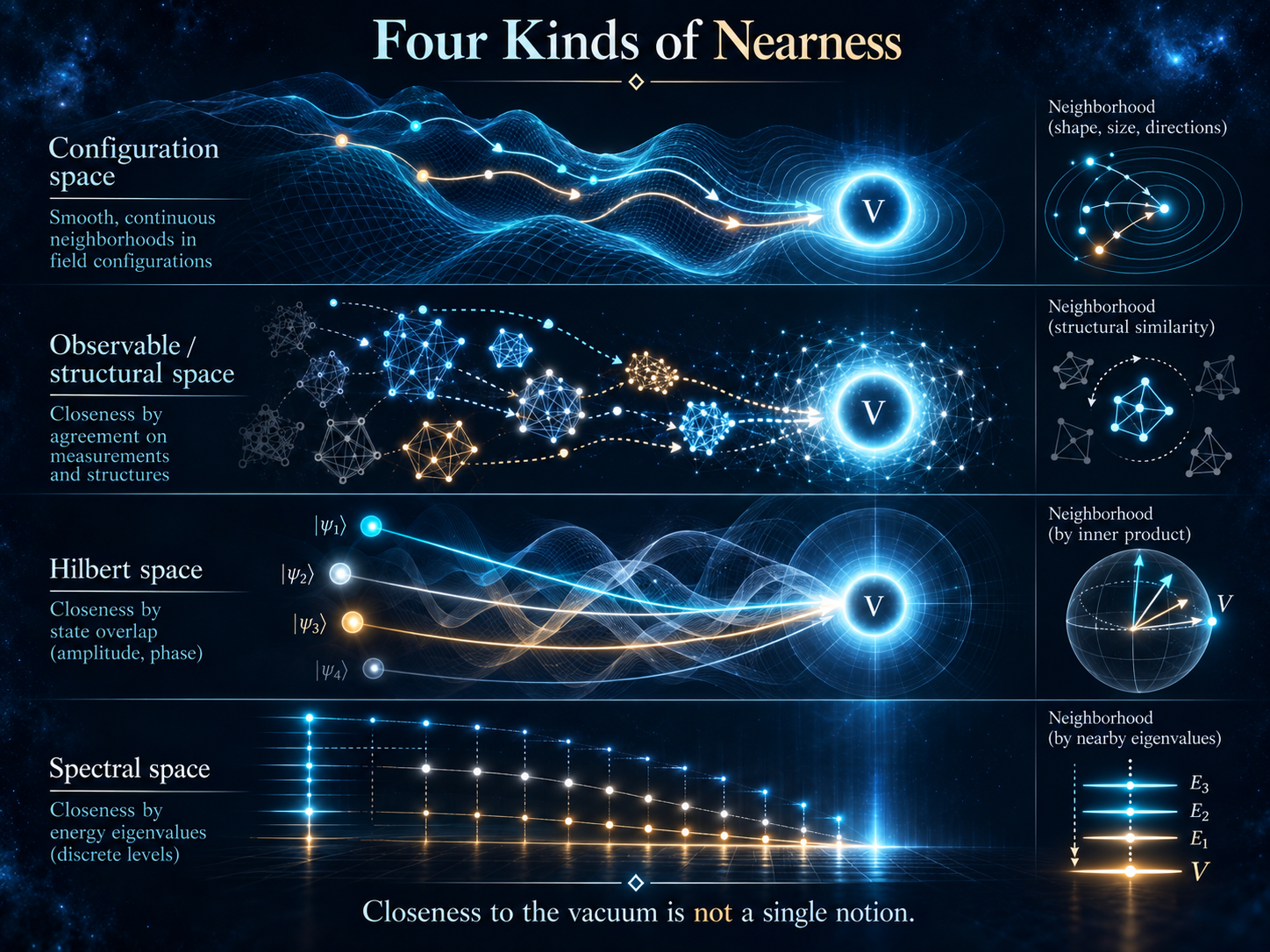 Four stacked visual layers show different notions of proximity to the vacuum: configuration-space nearness, observable or structural nearness, Hilbert-space nearness, and spectral nearness. Each layer approaches a vacuum symbol differently, emphasizing that the associated neighborhoods and topologies need not coincide.